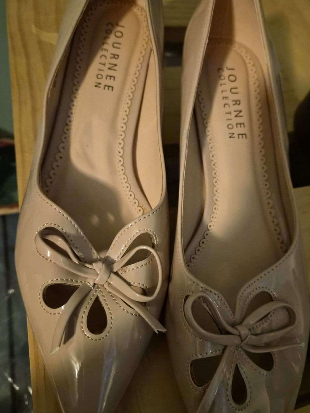 Journee Collection Nude Patent Pointed Toe Flats with Bow Cutouts
